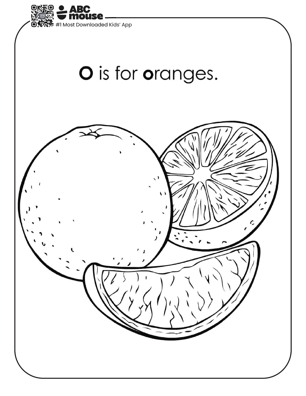 O is for oranges free printable coloring page for kids from ABCmouse.com.