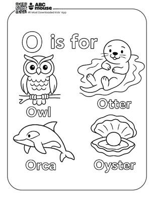 O is for owl, otter, orca, and oyster, free letter O coloring page for kids to print on ABCmouse.com.