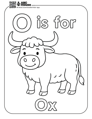 O is for Ox free letter O coloring page for kids to print on ABCmouse.com.