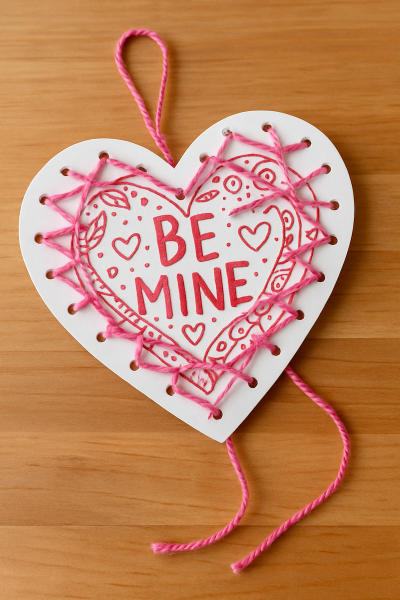 Fun card stock yarn heart craft for kids to make from ABCmouse.com.