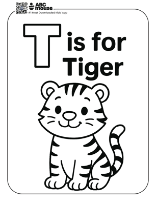 Free printable T is for tiger coloring page for kids from ABCmouse.com. 