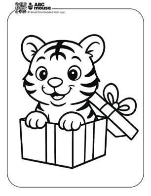 Free printable tiger in a gift coloring page for kids from ABCmouse.com. 