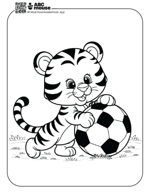 Free printable tiger with soccer ball coloring page for kids from ABCmouse.com. 