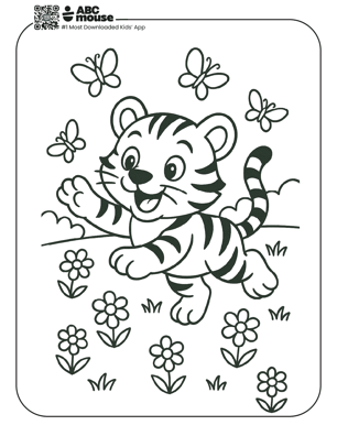 Free printable tiger chasing butterflies coloring page for kids from ABCmouse.com. 
