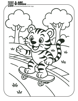 Free printable tiger on skateboard coloring page for kids from ABCmouse.com. 