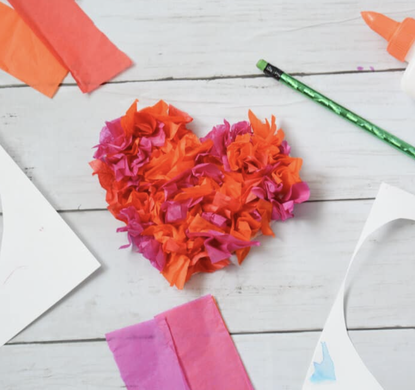 Fun heart tissue paper craft for kids to make for Valentine's Day.