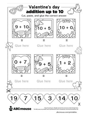 Free printable Valentine's day addition worksheet for kids from ABCmouse.com.