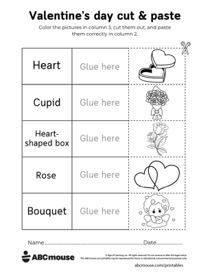 Free printable Valentine's day cut & paste worksheet for kids from ABCmouse.com.