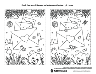 Free printable Valentine's day spot the difference worksheet for kids from ABCmouse.com.