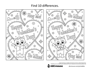 Free printable Valentine's day spot the difference worksheet for kids from ABCmouse.com.