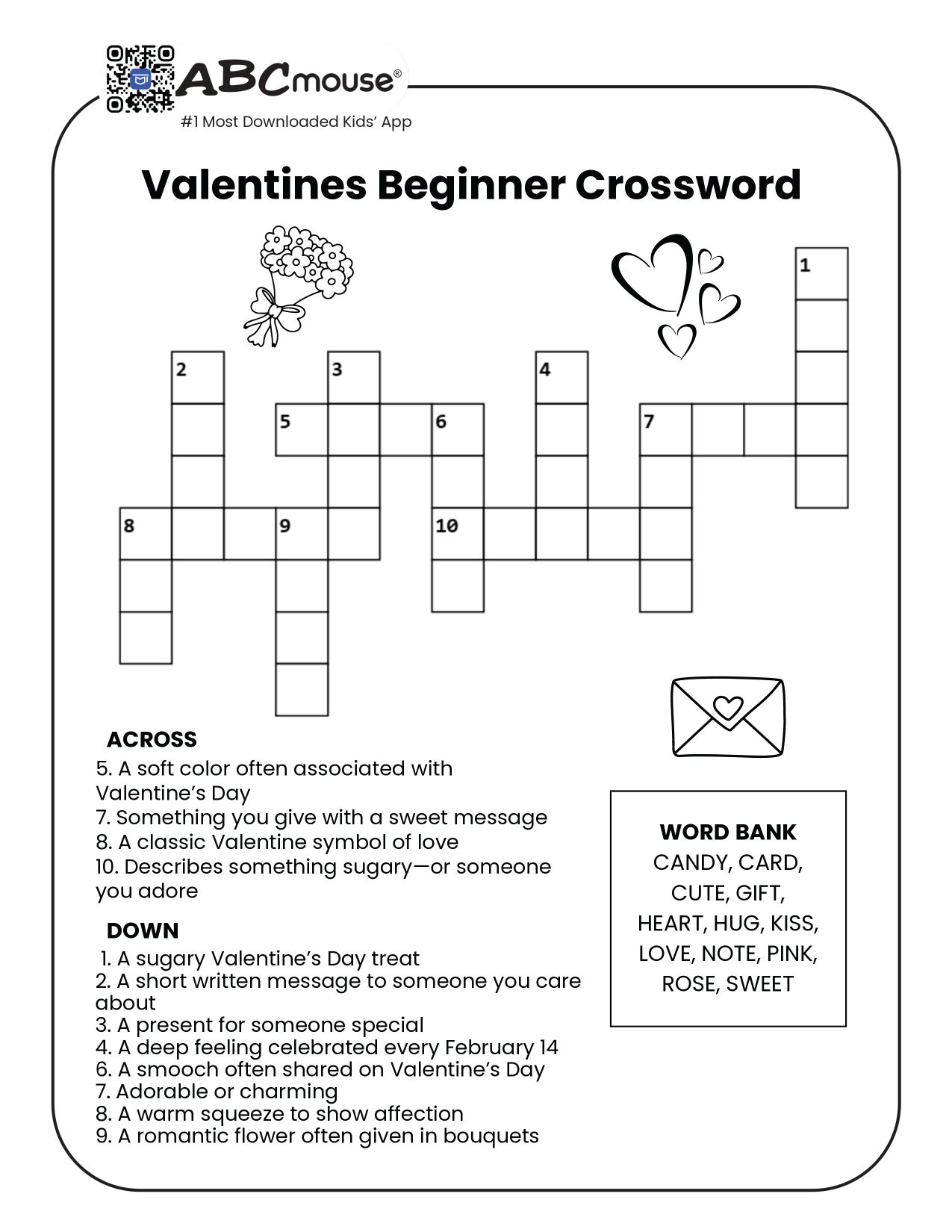 Free printable Valentine's Day crossword puzzles for kids from ABCmouse.com.