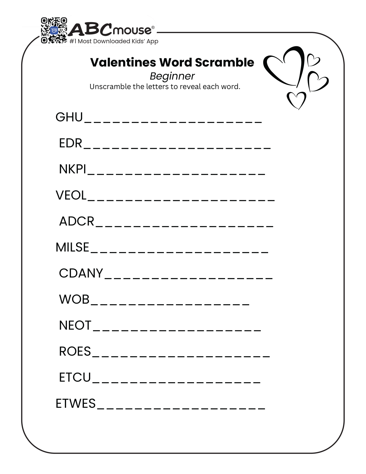 Free printable Valentine's Day word scrambles for kids from ABCmouse.com.
