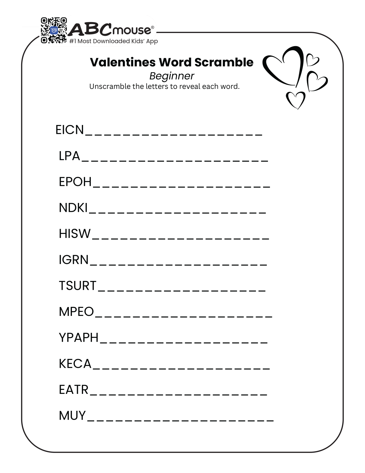 Free printable Valentine's Day word scrambles for kids from ABCmouse.com.