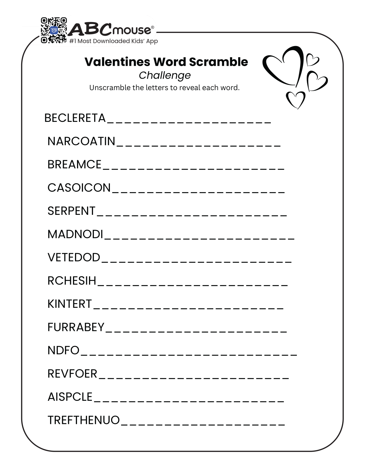 Free printable Valentine's Day word scrambles for kids from ABCmouse.com.