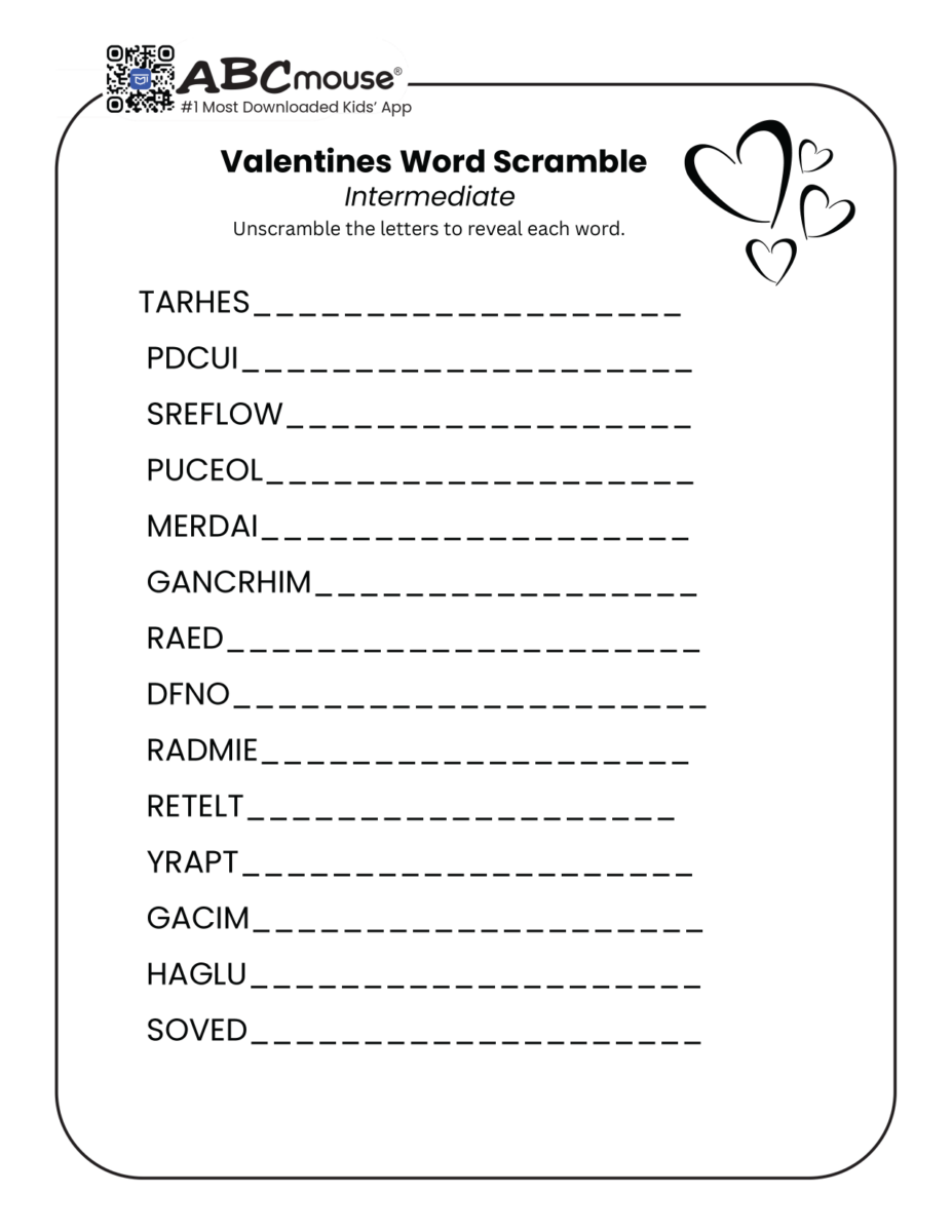 Free printable Valentine's Day word scrambles for kids from ABCmouse.com.