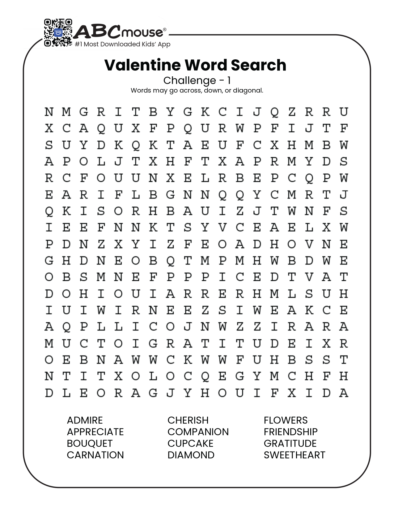 Free printable Valentine's Day Word Search for kids from ABCmouse.com.