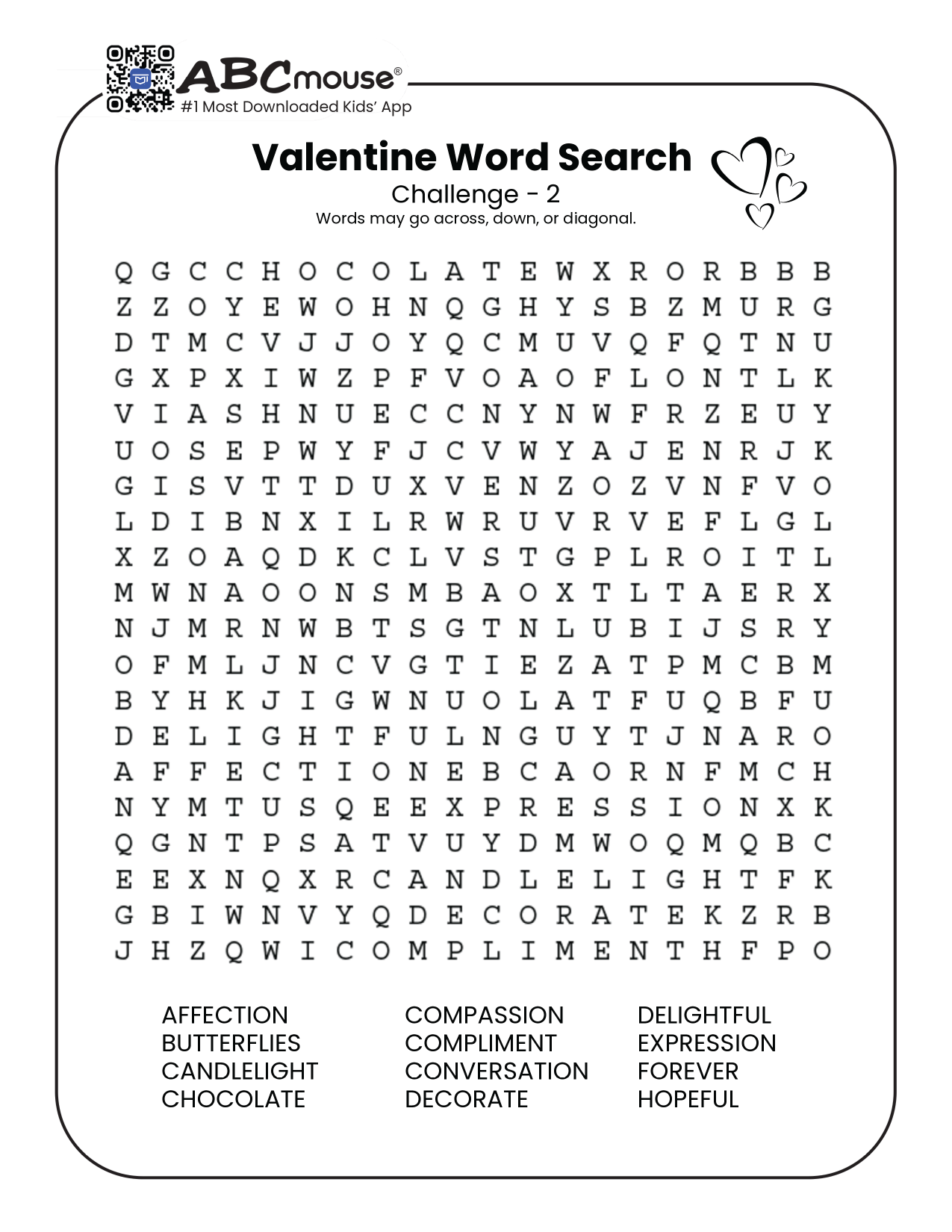 Free printable Valentine's Day Word Search for kids from ABCmouse.com.