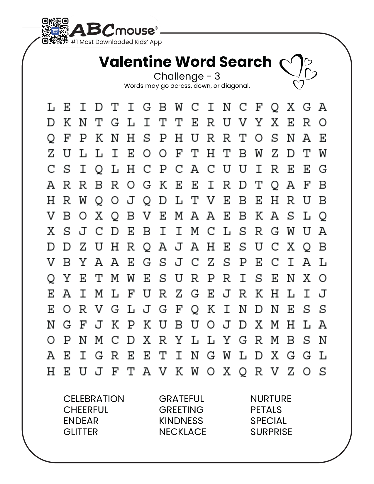 Free printable Valentine's Day Word Search for kids from ABCmouse.com.