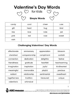Free printable Valentine's Day word list for kids from ABCmouse.com.