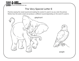 Free printable very special letter e vowels coloring pages for kids from ABCmouse.com.
