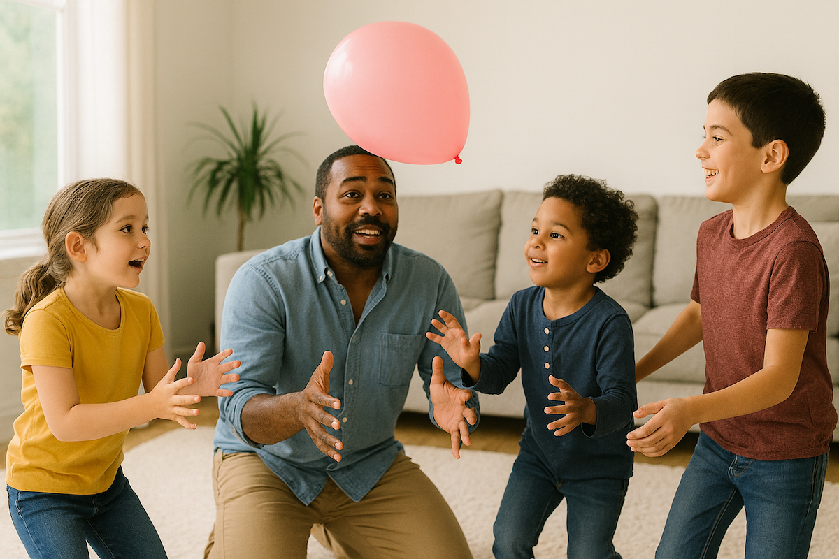 A young family playing with a balloon trying to keep it in the air in this fun indoor activity.