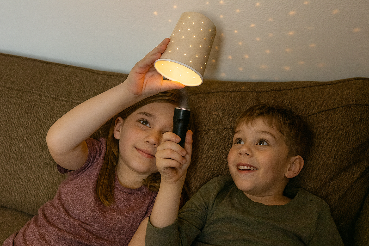 Two young children shining a flashlight through a cup that has holes in it in this fun indoor activity.