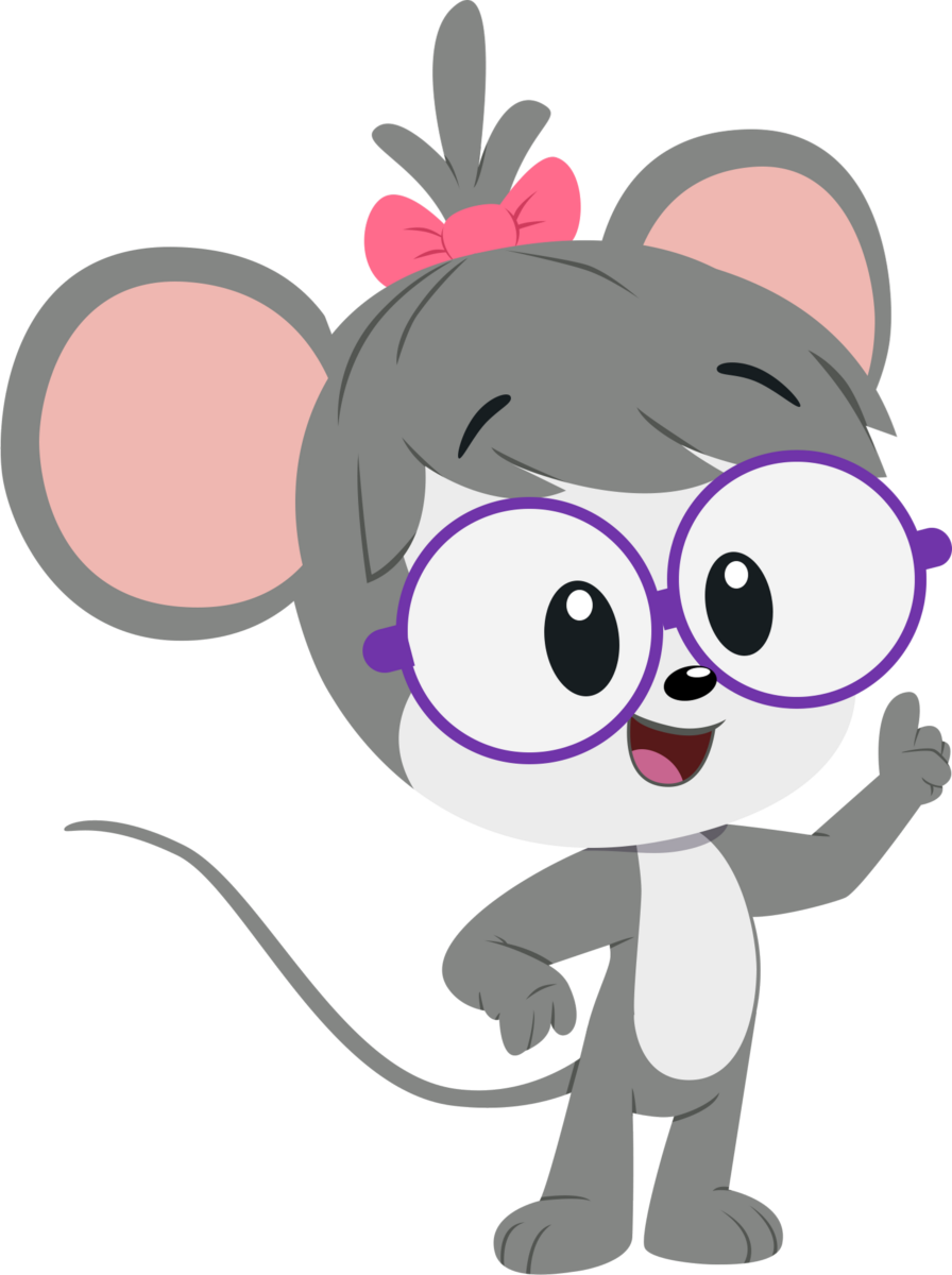 Happy cartoon 1-2-3 mouse character wearing round glasses and a bow, pointing upward.