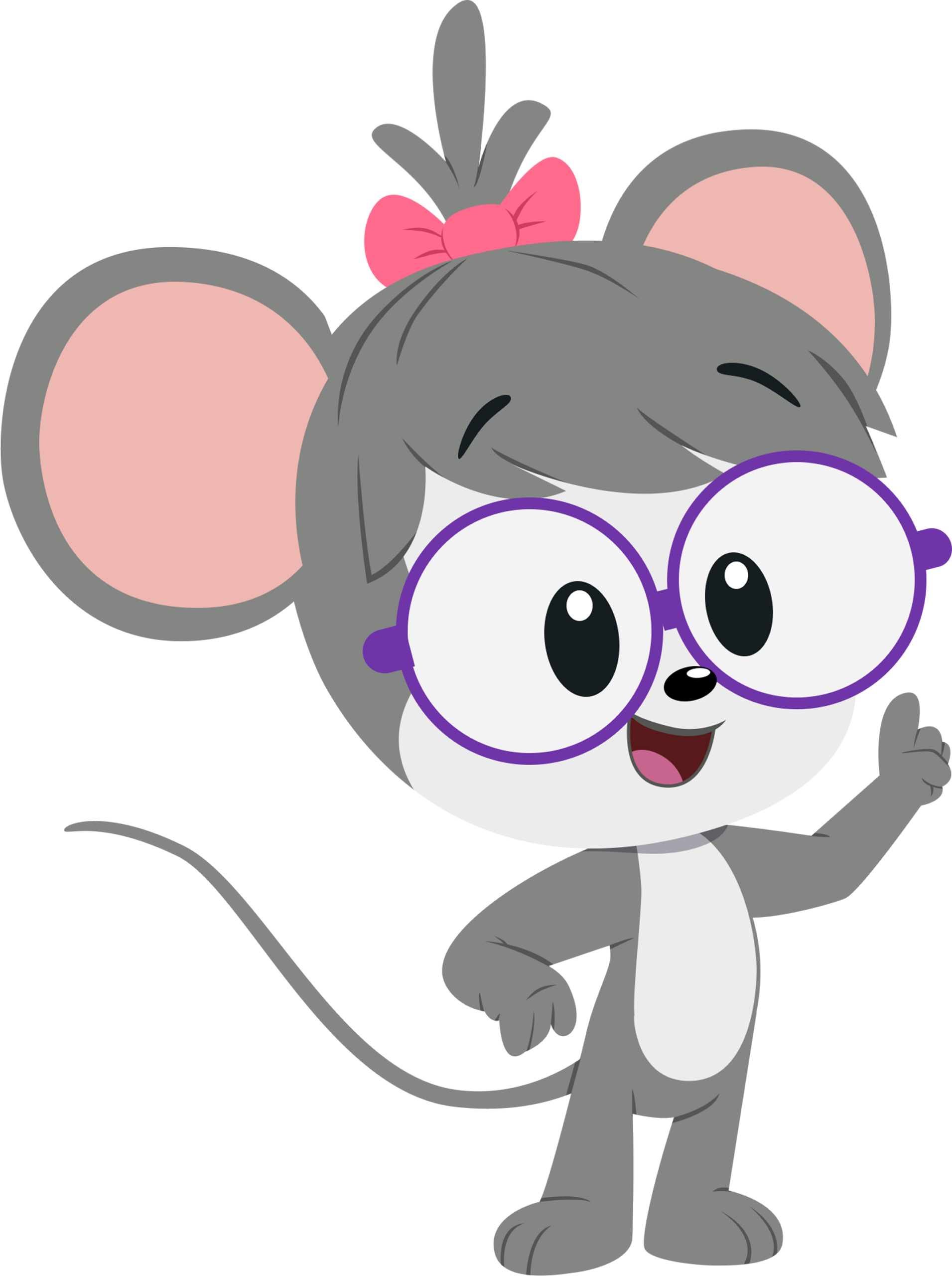 Happy cartoon 1-2-3 mouse character wearing round glasses and a bow, pointing upward.