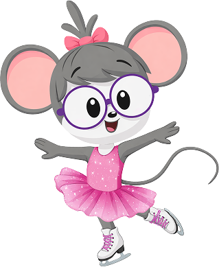 1-2-3 mouse wearing glasses and a pink tutu, ice skating with arms outstretched.