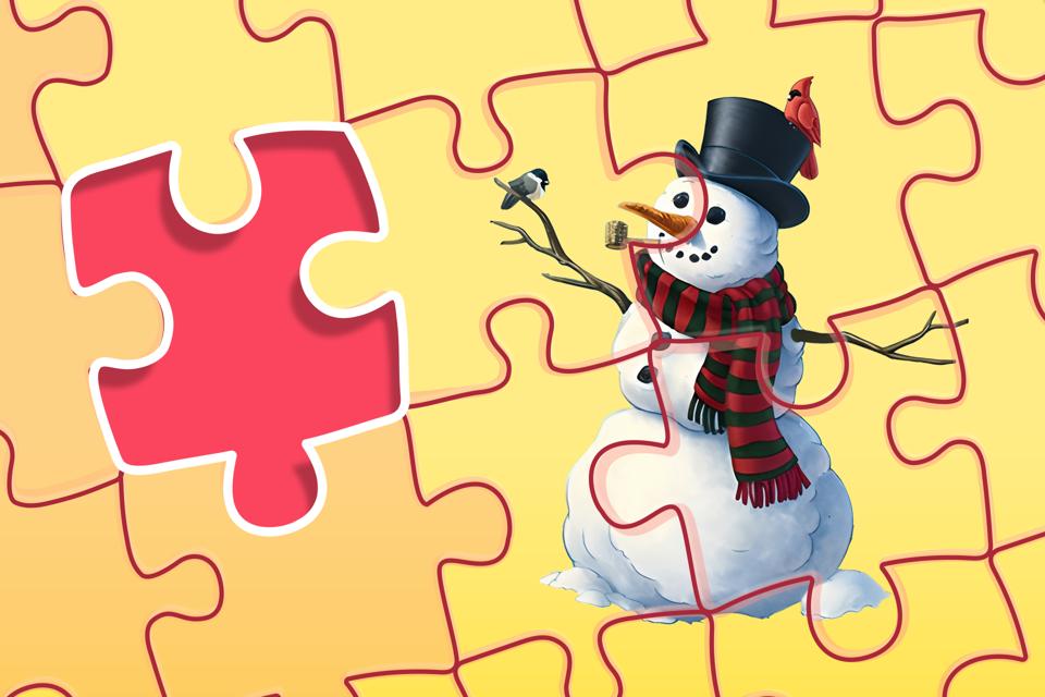 Jigsaw puzzle image of a snowman wearing a hat and scarf, with a missing puzzle piece highlighted.