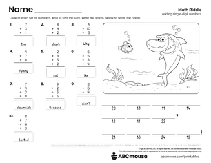 Free printable 1st grade addition pdf worksheet for kids from ABCmouse.com.