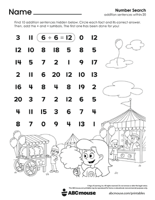 Free printable 1st grade addition pdf worksheet for kids from ABCmouse.com.