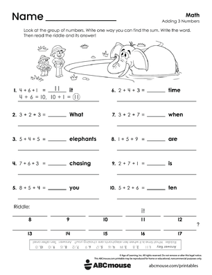 Free printable 1st grade addition pdf worksheet for kids from ABCmouse.com.