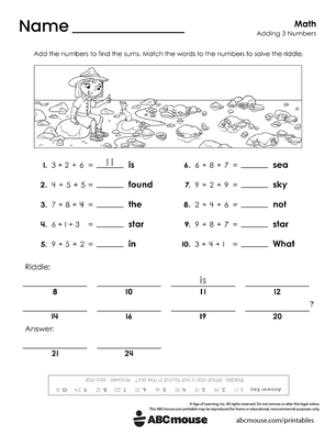 Free printable 1st grade addition pdf worksheet for kids from ABCmouse.com.