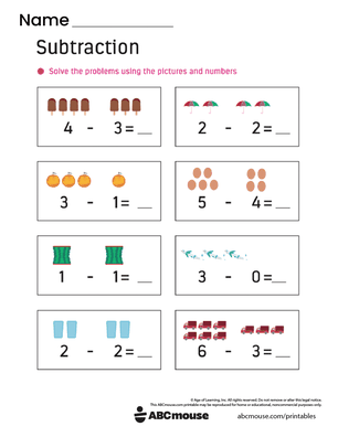 Free printable 1st grade Subtraction pdf worksheet for kids from ABCmouse.com.
