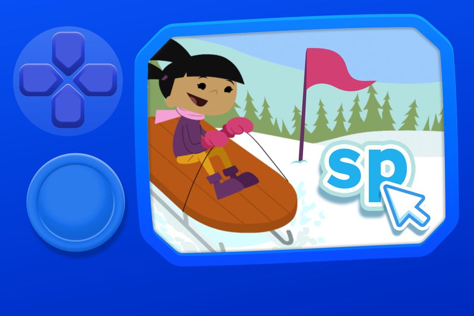 Illustrated game screen showing a child sledding down a snowy hill, with interactive buttons on the side.