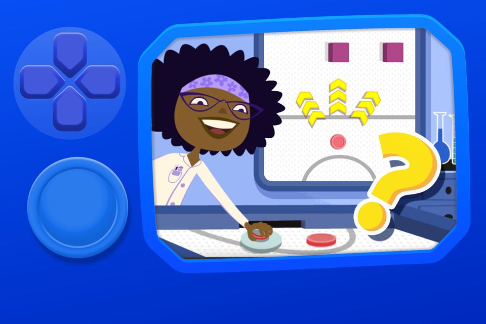 Illustrated game screen showing a smiling scientist character next to a control panel with arrows and a question mark.