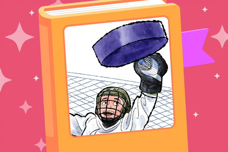 Illustrated book page showing a hockey goalie reaching up to block a puck in front of the net.