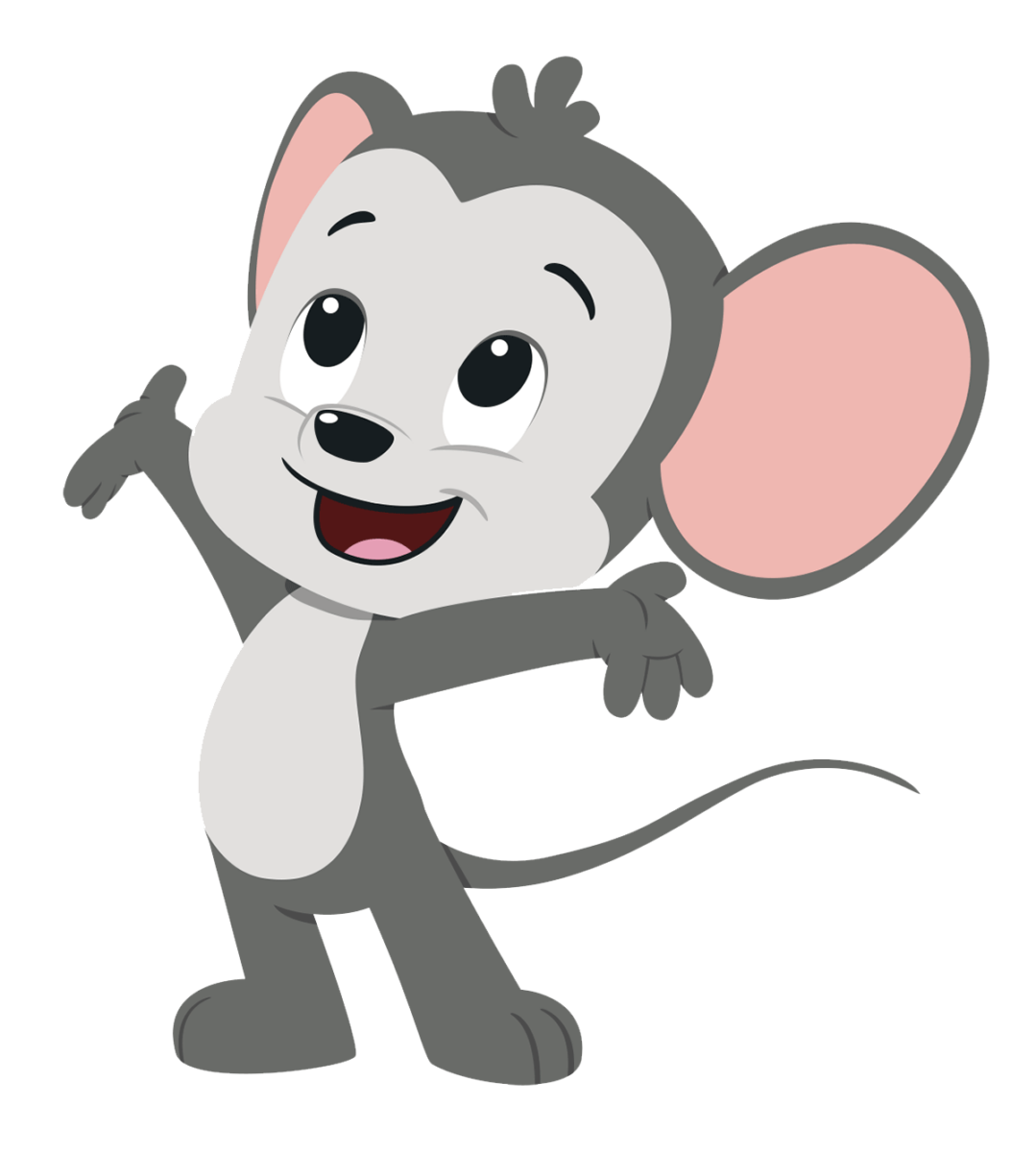 Smiling cartoon ABC mouse character with arms outstretched, looking upward