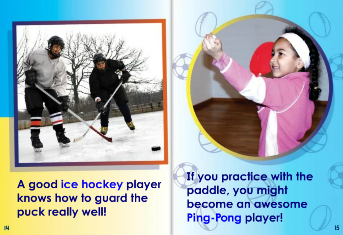Split-page illustration showing a photo of people playing ice hockey and a child practicing ping-pong, with text about practicing sports skills.