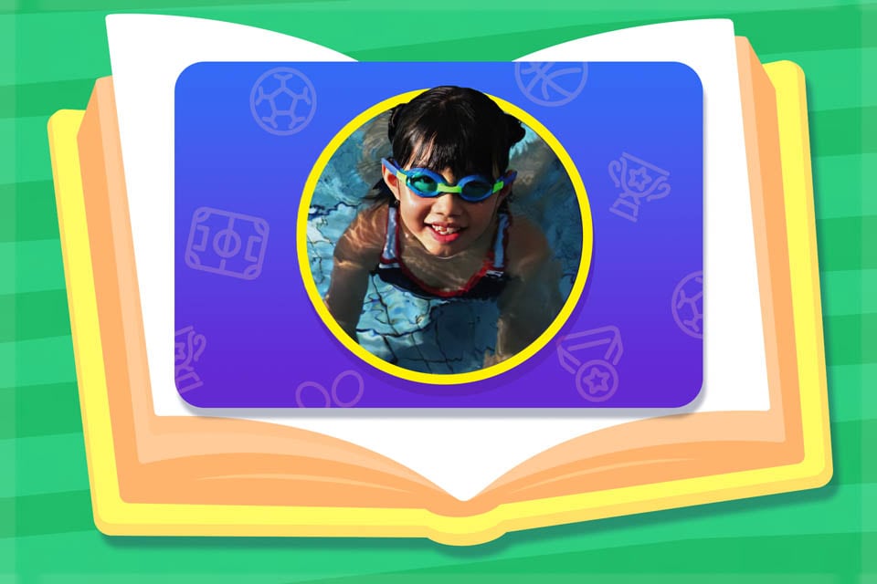 Illustrated open book with a photo of a child wearing swim goggles inside a circular frame.