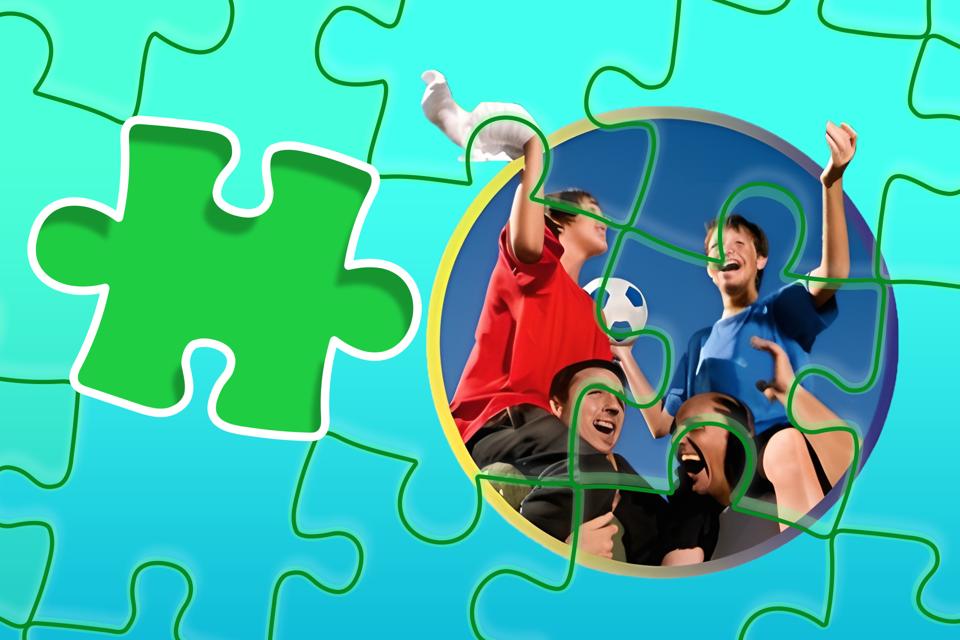 Jigsaw puzzle image showing a group of kids celebrating with a soccer ball, with a missing puzzle piece highlighted.
