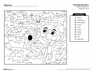 Free printable color by number addition worksheet for first graders from ABCmouse.com.
