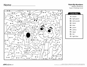 Free printable color by number addition worksheet for first graders from ABCmouse.com.