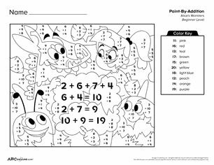 Free printable color by number addition worksheet for first graders from ABCmouse.com.