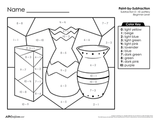Free printable color by number subtraction worksheet for first grade from ABCmouse.com.