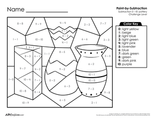 Free printable color by number subtraction worksheet for first grade from ABCmouse.com.