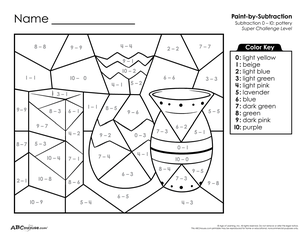Free printable color by number subtraction worksheet for first grade from ABCmouse.com.