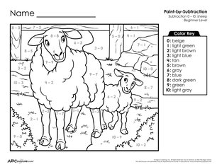 Free printable color by number subtraction worksheet for first grade from ABCmouse.com.