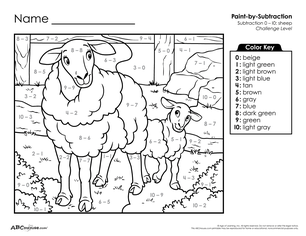 Free printable color by number subtraction worksheet for first grade from ABCmouse.com.